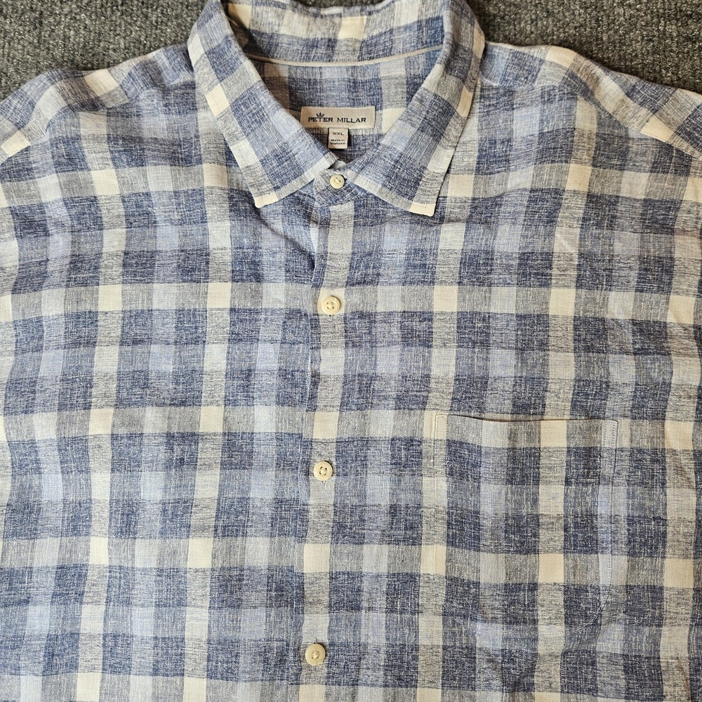 Peter Millar Men's Linen Blend Button Up Shirt Size XXL Blue Check Plaid